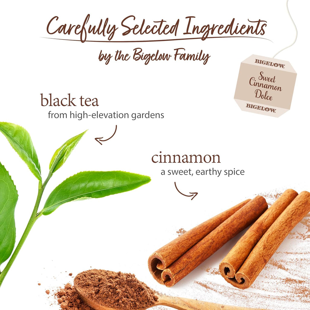 Bigelow Tea Sweet Cinnamon Dolce Black Tea, Caffeinated Tea with Cinnamon, 18 Count Box (Pack of 6), 108 Total Tea Bags (Packaging May Vary)