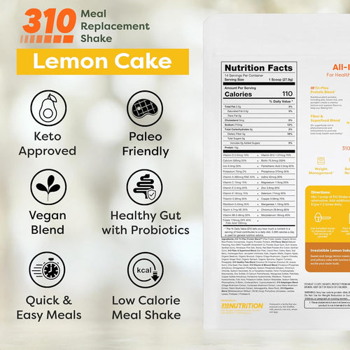 310 Nutrition All-In-One Meal Replacement Shake Powder - Plant-Based Protein Smoothie Blend w/ High Fiber, Probiotics & Adaptogens - Low Carb, Vegan, Keto & Paleo Friendly - Lemon Cake - 14 Servings