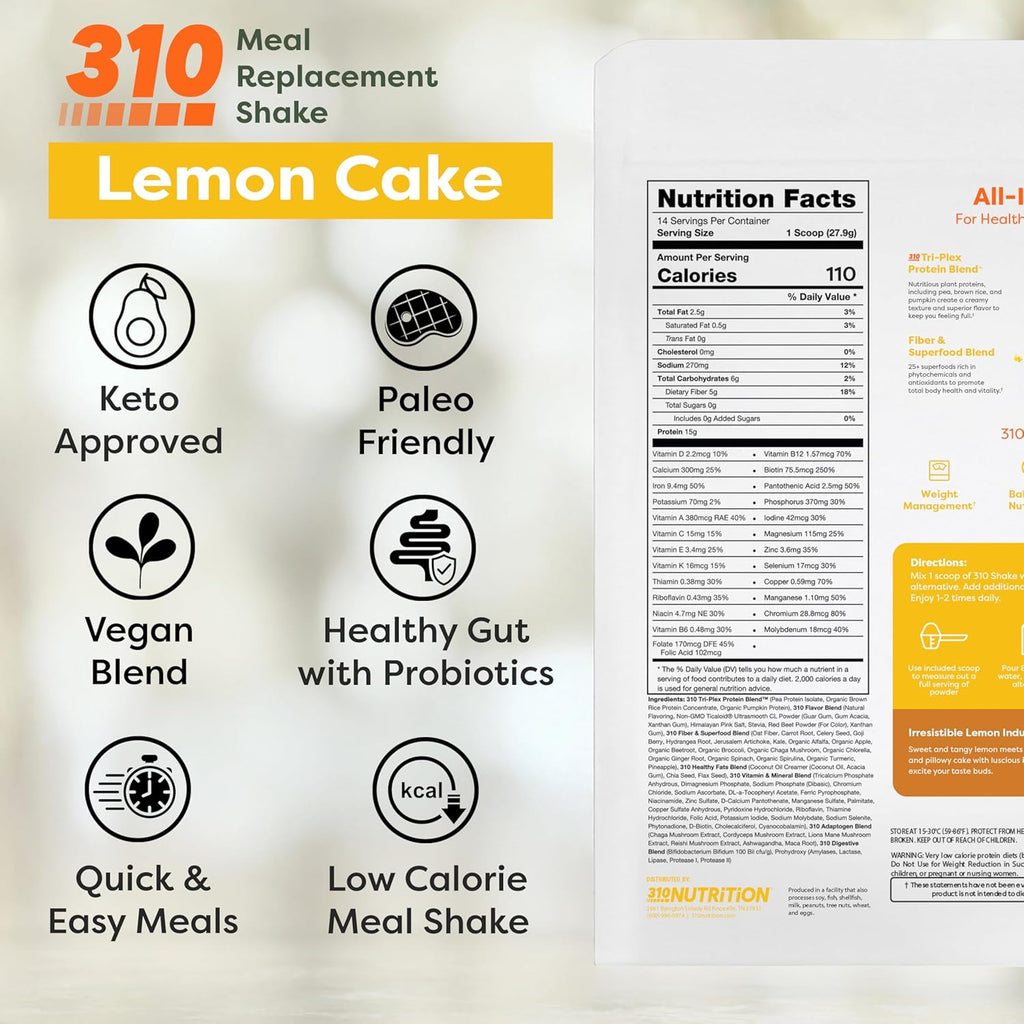 310 Nutrition All-In-One Meal Replacement Shake Powder - Plant-Based Protein Smoothie Blend w/High Fiber, Probiotics & Adaptogens - Low Carb, Vegan, Keto & Paleo Friendly - Lemon Cake - 28 Servings