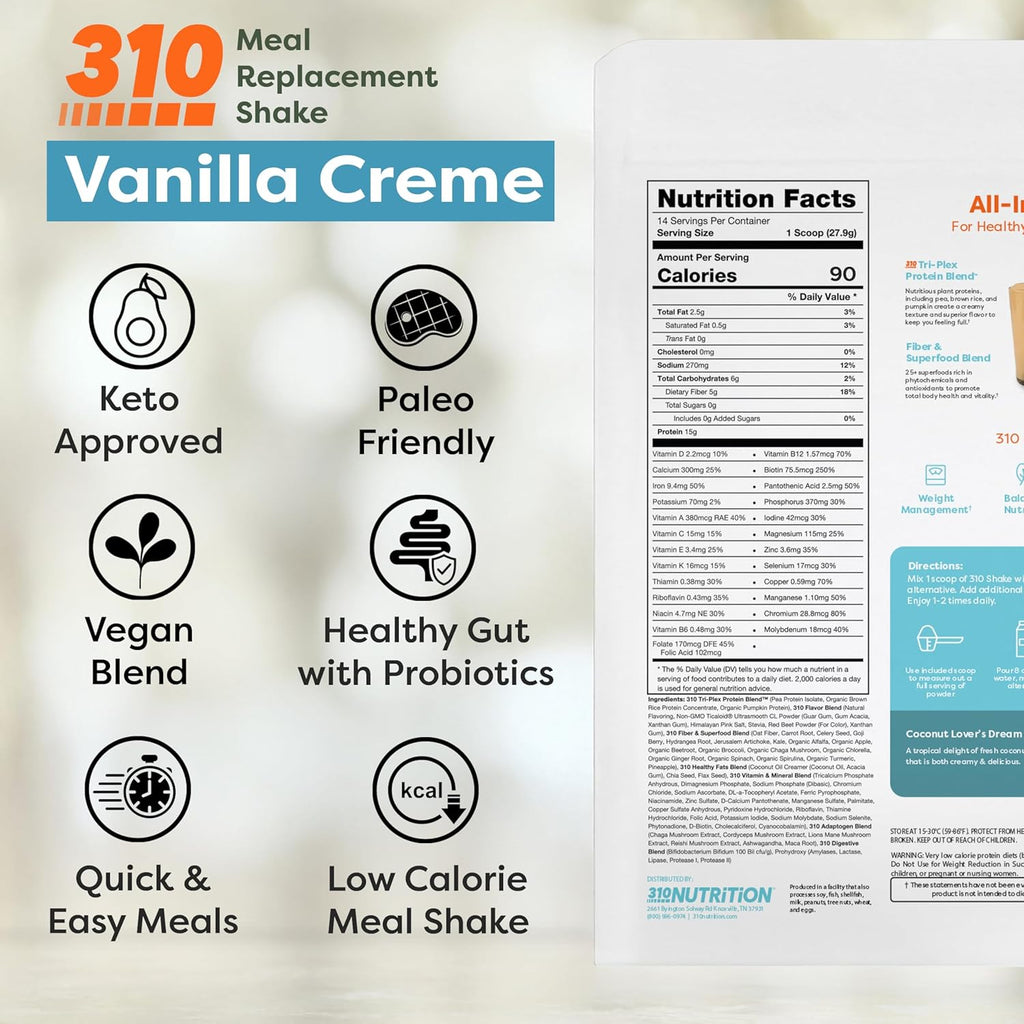 310 Nutrition All-In-One Meal Replacement Shake Powder - Plant-Based Protein Smoothie Blend w/High Fiber, Probiotics & Adaptogens - Low Carb, Vegan, Keto & Paleo Friendly - Vanilla Creme - 14 Srv