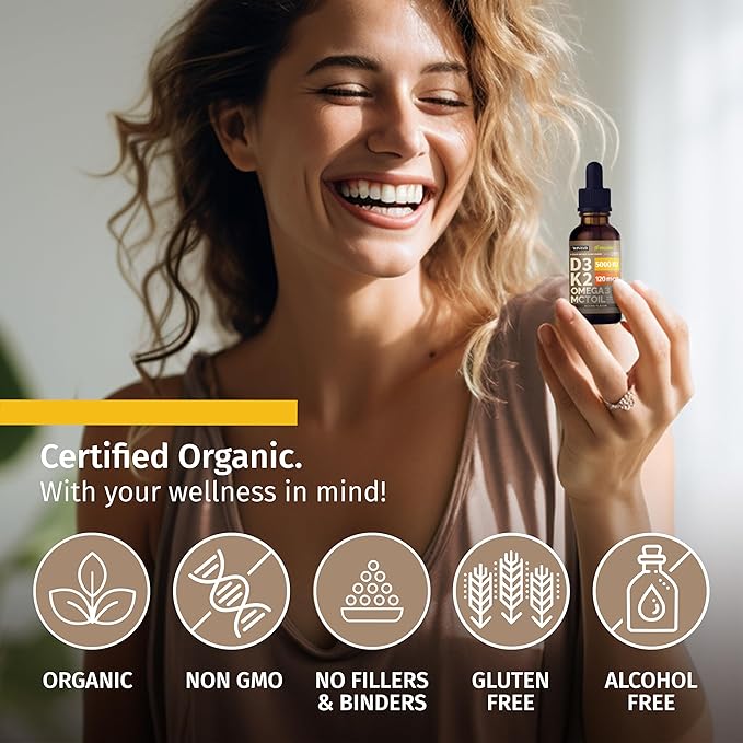 (2 Pack) Organic Vitamin D3 K2 Drops with MCT Oil Omega 3, 5000 IU, Maximum Strength Vitamin D Liquid, No Fillers, Non-GMO Liquid D3 for Faster Absorption and Immune Support (Mocha, 2 Fl Oz)