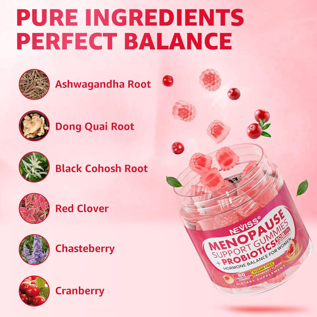 Sugar Free Menopause Supplement Gummies for Women, Menopause Probiotics (10 Billion CFU) Filled Gummy with Ashwagandha, Dong Quai & Black Cohosh for Hot Flashes, Night Sweats, Mood Swings, Gut Health