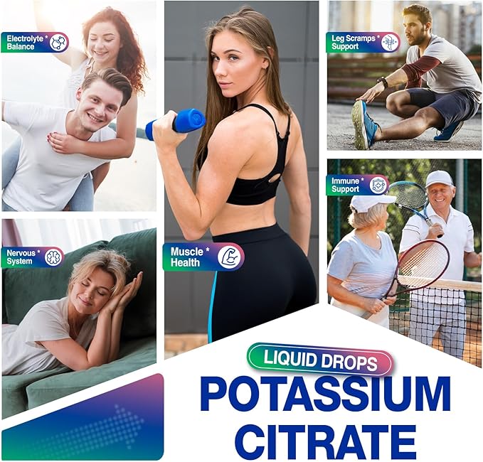 Liquid Potassium Citrate Supplement, Potassium 1000mg Drops for Women & Men, with Zinc Citrate, Vitamin B6, Sodium & Taurine, High Potassium Electrolytes, 2 Fl Oz