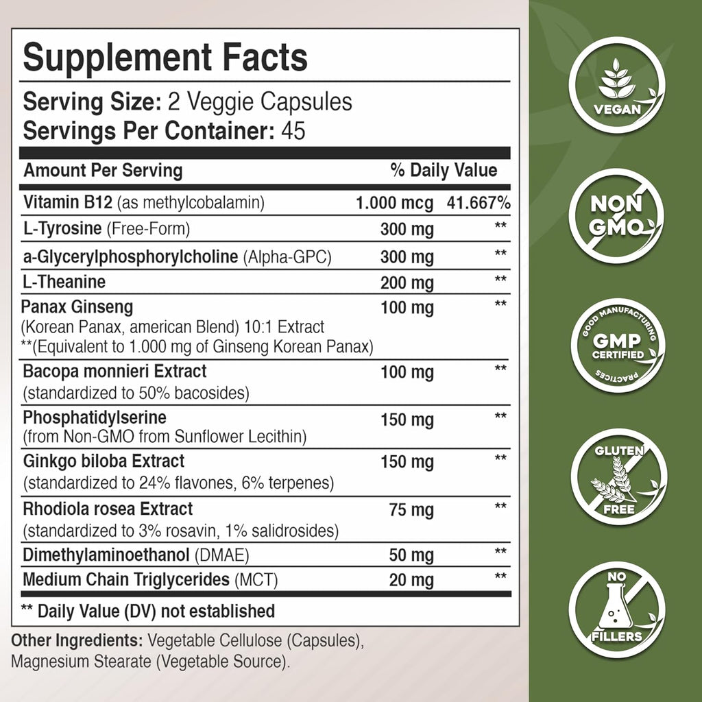 Gade Nutrition Alpha GPC + Ginkgo Biloba + Panax Ginseng + L- Tyrosine, L-Theanine, Bocopa Monnieri, Rhodiola Rosea, B12, MCT