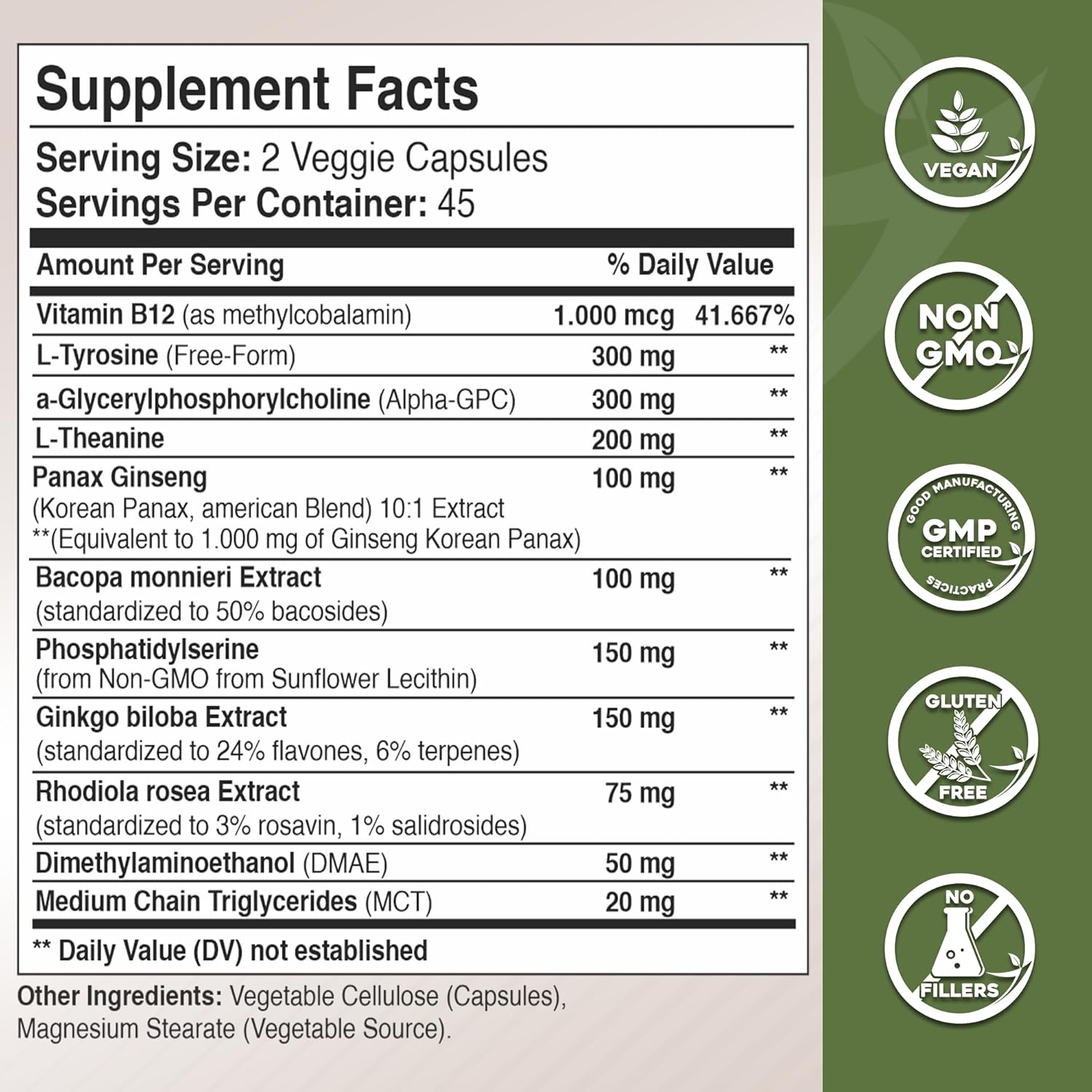 Gade Nutrition Alpha GPC + Ginkgo Biloba + Panax Ginseng + L- Tyrosine, L-Theanine, Bocopa Monnieri, Rhodiola Rosea, B12, MCT
