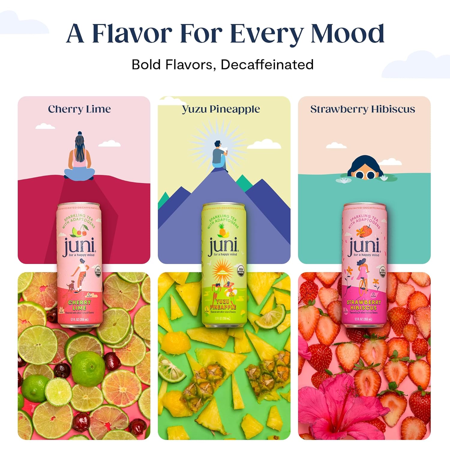 Juni Sparkling Adaptogen Drink with Ashwagandha, Lion’s Mane & Reishi Mushrooms | Green Tea for Focus, Zero Sugar, 5 Calories | Decaffeinated, Non Alcoholic Drinks - Yuzu Pineapple 12 pack
