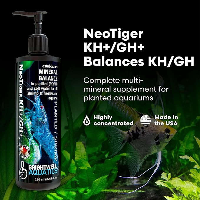 Brightwell Aquatics NeoTiger KH+/GH+ Mineral Supplement Balances Hardness in RO/DI Water with Calcium Magnesium Potassium Sodium for Shrimp Fish Planted Aquariums, 250 ml