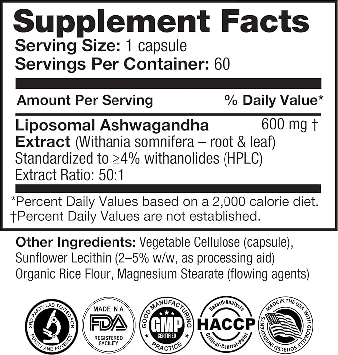 Feelgood Company Liposomal Ashwagandha, High Absorption, 600mg, 60 Vegan Capsules, Natural Withania Somnifera Root Extract, GMP Certified Dietary Supplement