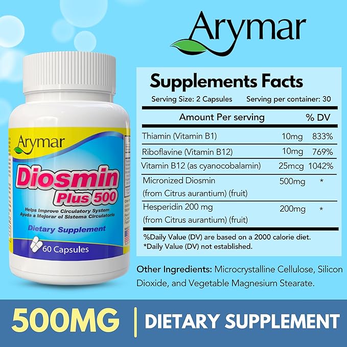 ARYMAR Diosmin 500mg with B-Complex - Circulatory Support Supplement for Leg Vein Health and Normal Blood Flow - 60 Capsules