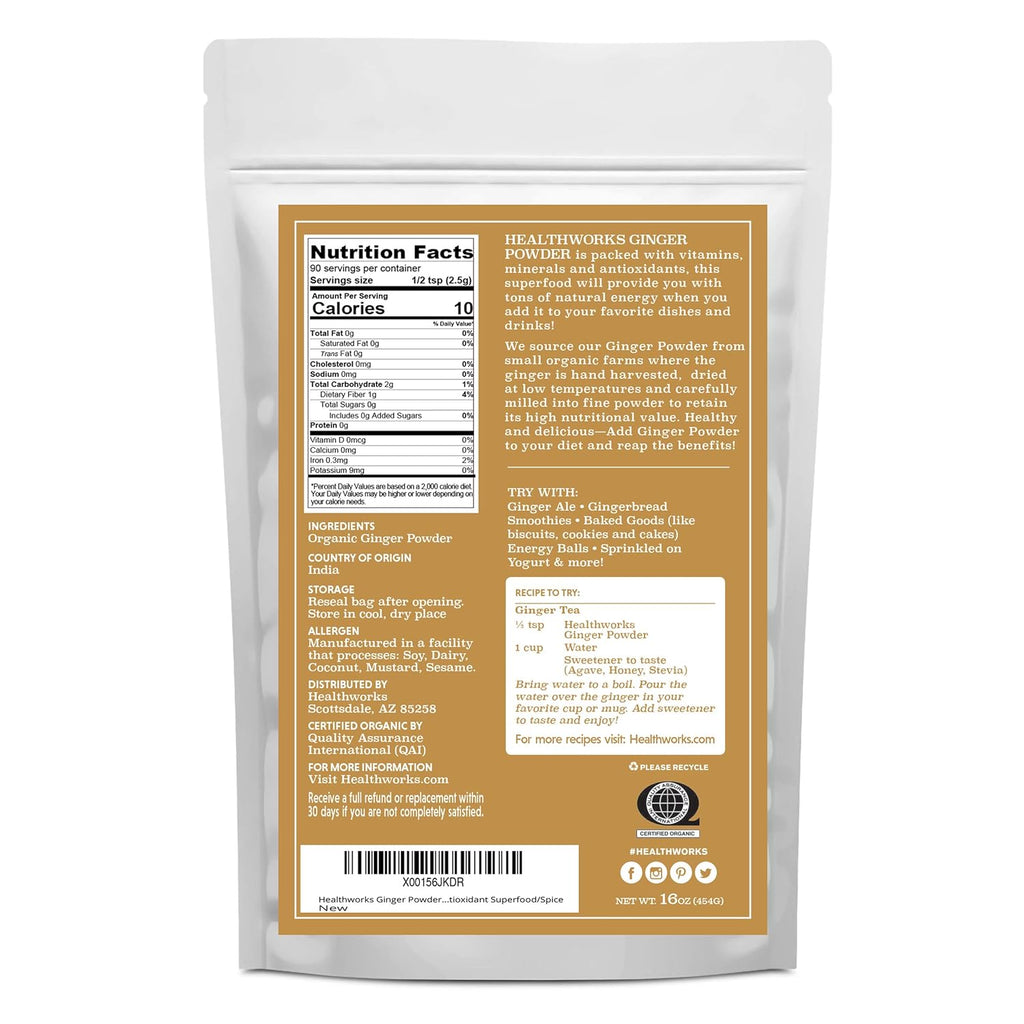 Healthworks Superfoods Organic Ginger Powder - 16 Oz / 1 Lb - Ground, Raw & All-Natural - Keto, Vegan - Great with Coffee, Tea & Juices - Superfood/Spice
