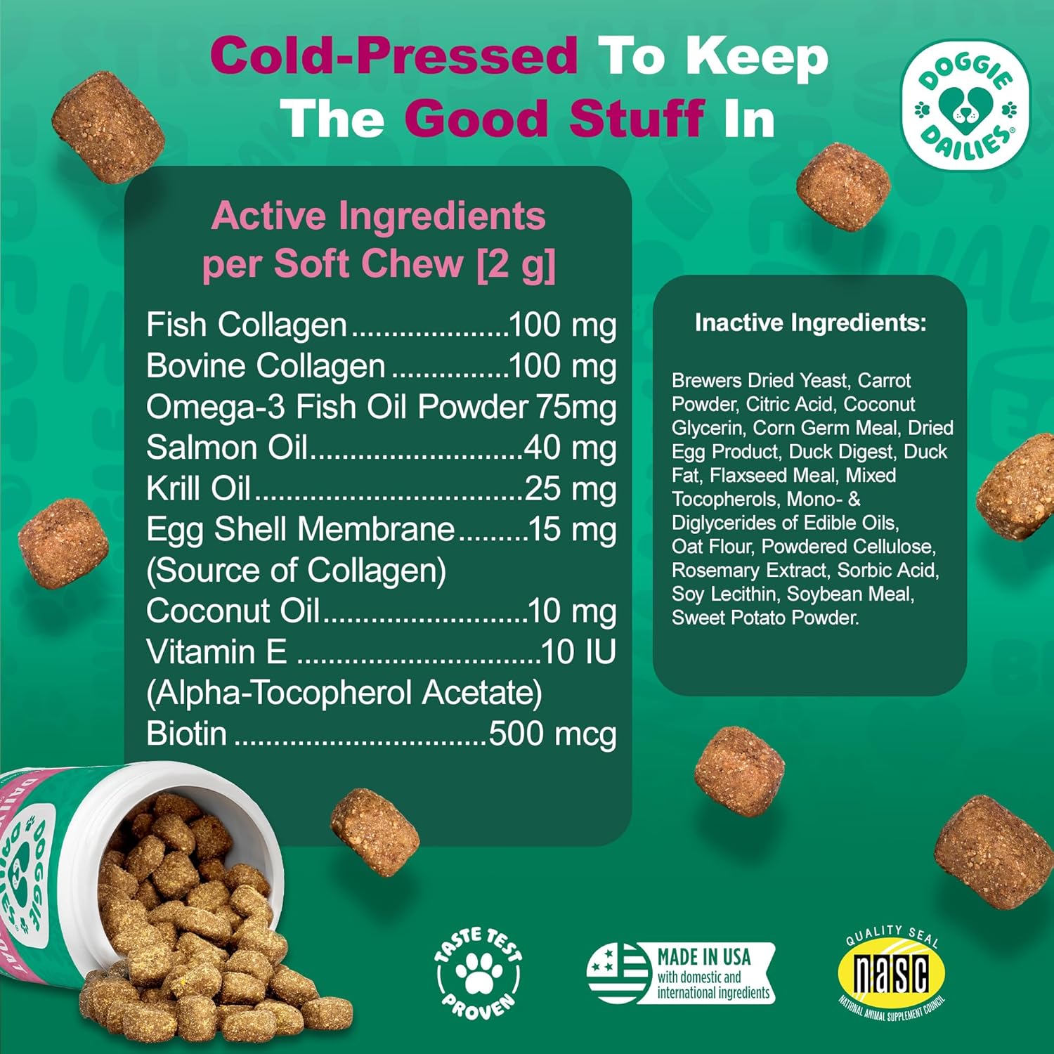 Doggie Dailies Skin & Coat Supplement Support, Salmon Oil for Dogs Skin and Coat with Collagen, Omega 3, Krill Oil, Biotin, & Coconut Oil for Dogs (Duck) 225 Soft Chews