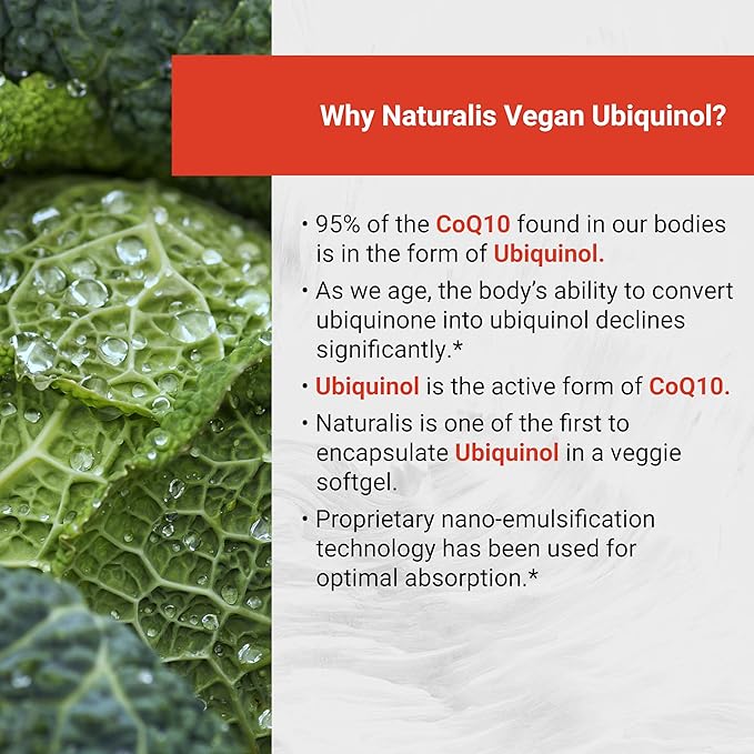 Naturalis Ubiquinol 100mg Active CoQ-10 Emulsified in MCT Oil for Better Absorption | Gluten Free, Non-GMO & Soy-Free | Cardiovascular Wellness, Antioxidant Protection, and Healthy Skin* | 60 Softgels
