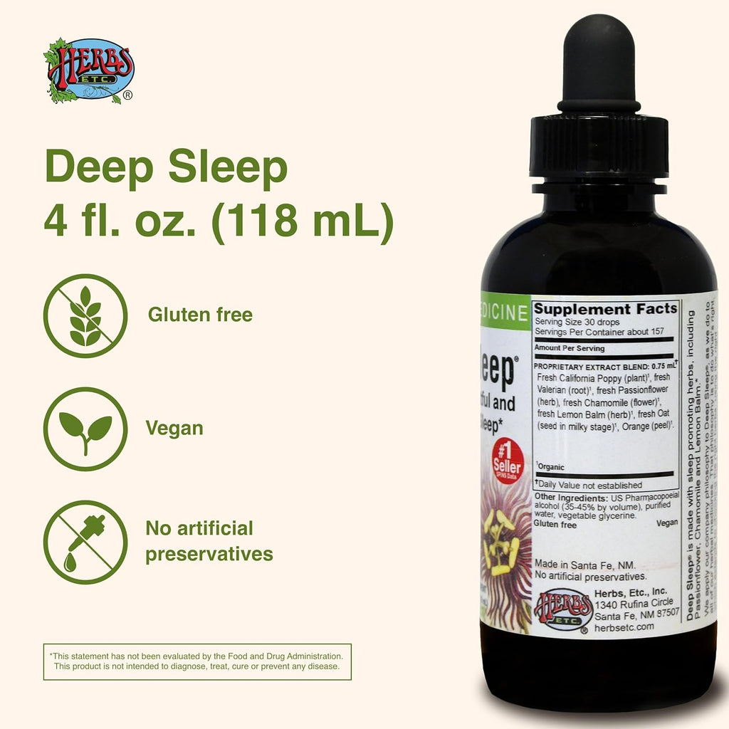 Herbs Etc. - Deep Sleep - Natural Herbal Sleep Aid Supplement - Non-Habit Forming - 4 oz Liquid Extract (Fresh California Poppy, Valerian, Passionflower, Chamomile, Lemon Balm) - 2 Pack
