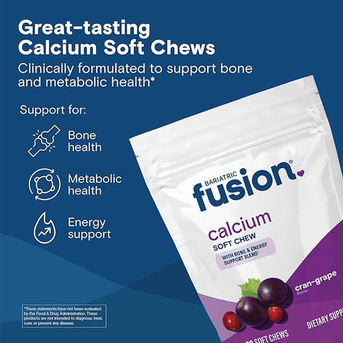 Bariatric Fusion Bariatric Calcium Supplement Chews | Calcium Citrate with Vitamin D3 Bariatric Vitamin | Sugar Free Chewable |500mg |Cranberry Grape | 60 Count