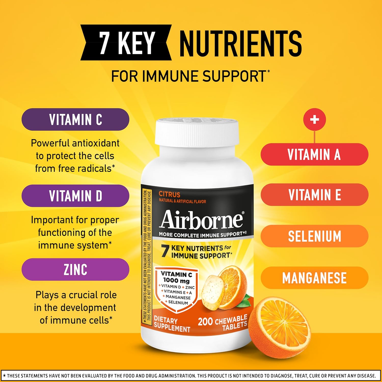 Airborne 1000mg Vitamin C with D and Zinc, Multivitamin Immune Support Supplement with Antioxidants A, C, and E, 200 Chewable Tablets, Citrus Flavor