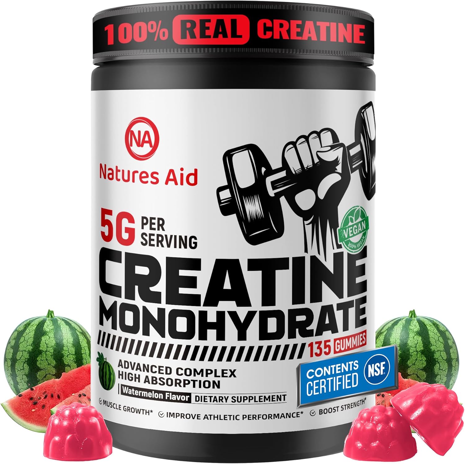 Natures Aid Creatine Monohydrate Gummies (5g) – Pre-Workout Energy & Muscle Growth Support for Men & Women | Watermelon Electrolyte Gummies (135 Count)