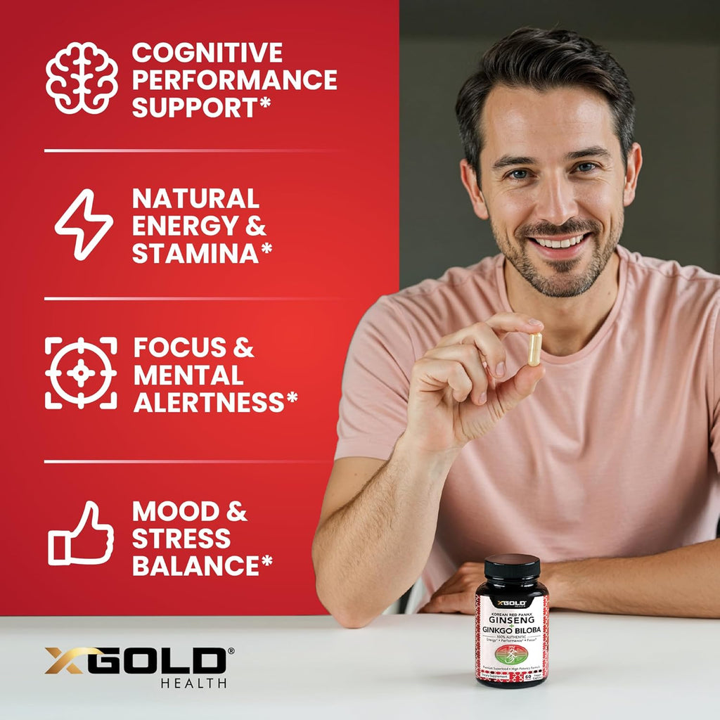 Korean Red Panax Ginseng 1200mg + Ginkgo Biloba - Extra Strength Root Extract Powder Supplement w/High Ginsenosides Vegan Capsules for Energy, Performance & Focus - Supplement for Men & Women