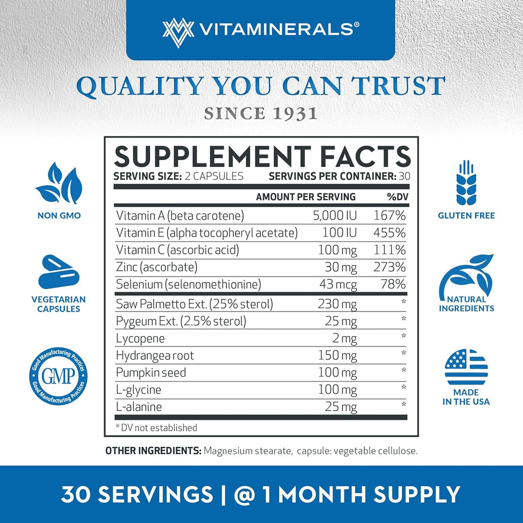 Vitaminerals® Prostactin | Prostate Support | Saw Palmetto 230mg | Pygeum | Lycopene | Pumpkin Seed & More | 60 Veggie Caps