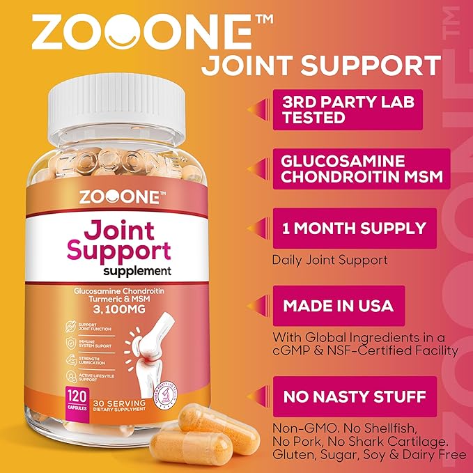 zooone Advanced Joint Support Supplement with Glucosamine, Chondroitin, Turmeric & MSM - 120 Tablets for Back, Knee, Hand Bone Health