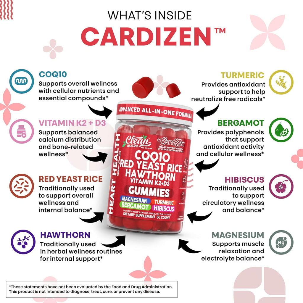 Clean Nutra CoQ10 Gummies Red Yeast Rice Hawthorn K2 Vitamin Supplement Magnesium Glycinate Turmeric Citrus Bergamot Hibiscus VIT D K Fenugreek Garlic Supplements Heart Support Gummy 60ct
