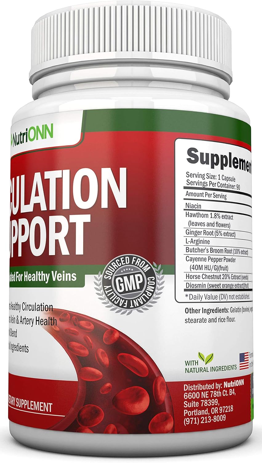Blood Circulation Support - All Herbal Supplement For Healthy Blood Flow, Arteries & Veins - Promotes Leg Comfort - With Hawthorn, Niacin, L-Arginine, Butcher’s Broom, Cayenne Pepper, Horse Chestnut