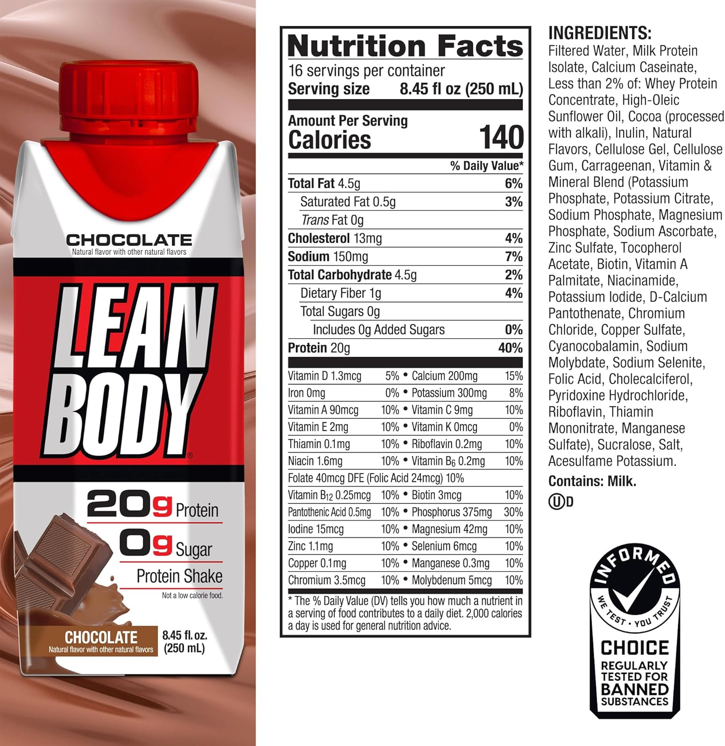 Labrada Lean Body Ready-to-Drink Chocolate Shake, 20g Protein, Whey Blend, 0 Sugar, Gluten Free, 22 Vitamins & Minerals, (Recyclable Carton & Lid - Pack of 4)