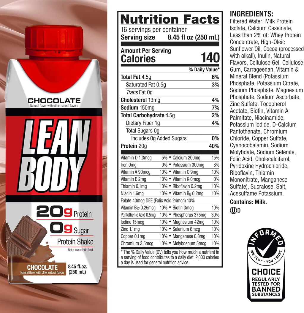 LABRADA NUTRITION - Lean Body RTD Whey Protein Shake, Convenient On-The-Go Meal Replacement Shake for Men & Women, 20 grams of Protein – Zero Sugar, Lactose & Gluten Free, Chocolate (Pack of 16)