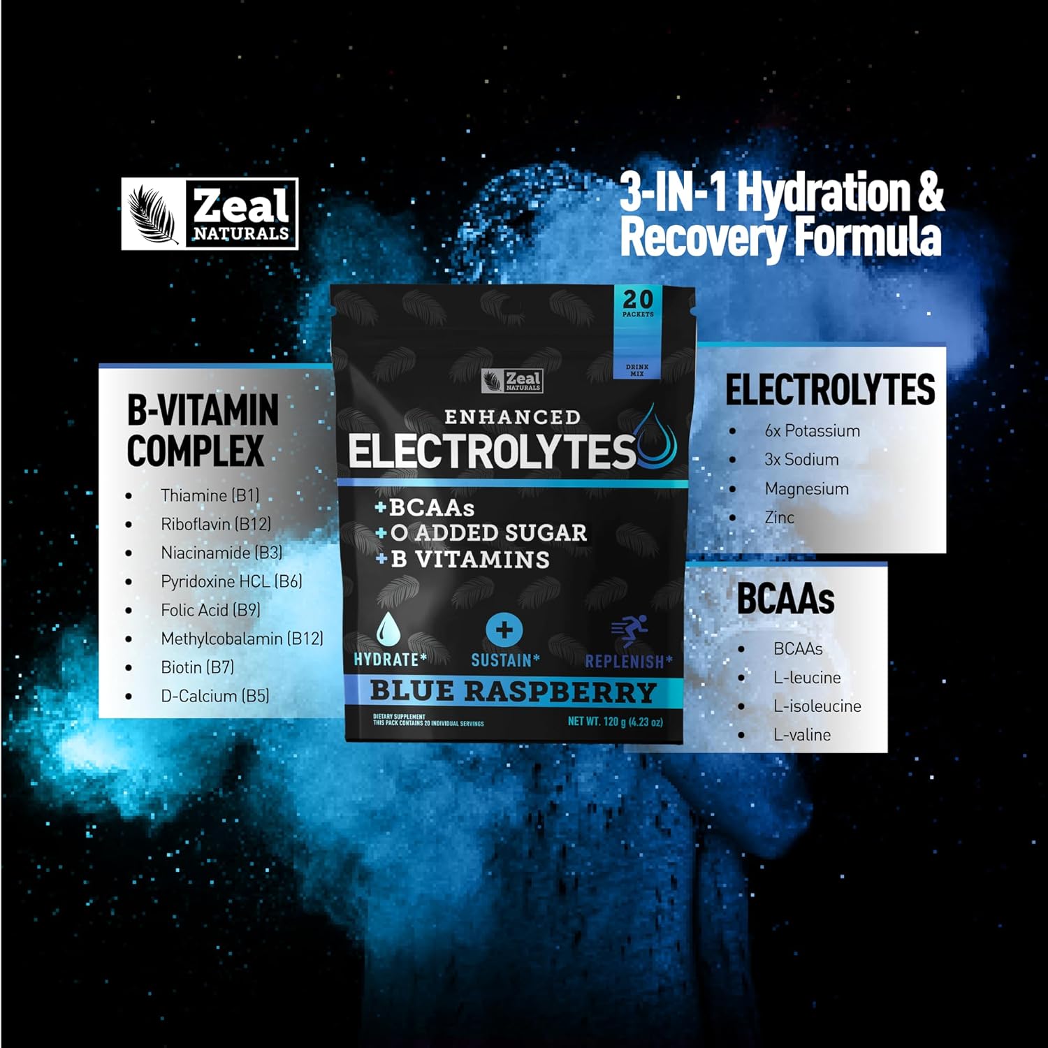 Enhanced Electrolyte Powder Stick Packs (Blue Raspberry | 20 Packets) w/ 0 Sugar +BCAAs +B-Vitamins Electrolyte Supplement w Potassium Zinc & Magnesium for Hydration - Keto Electrolytes
