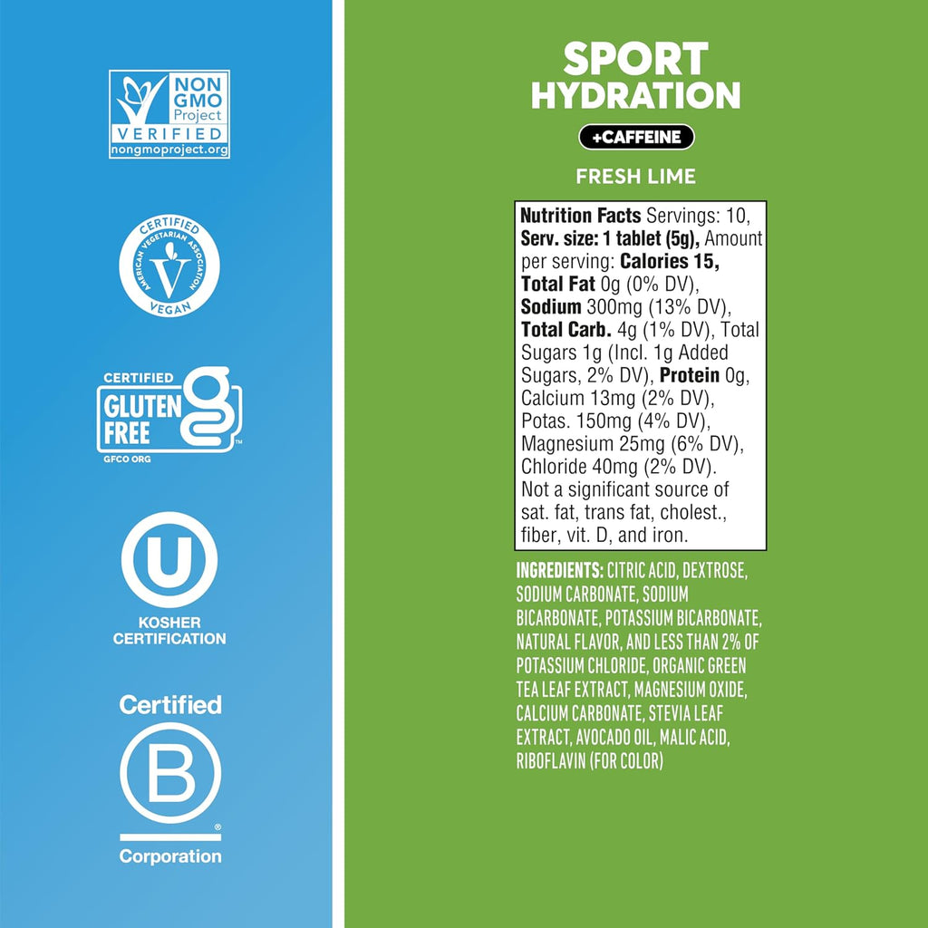 Nuun Sport Electrolyte Tablets with Caffeine from Green Tea Extract, Magnesium, Calcium, Potassium, Chloride & Sodium, Gluten Free & Vegan, Fresh Lime, 8 Pack (80 Servings Total)