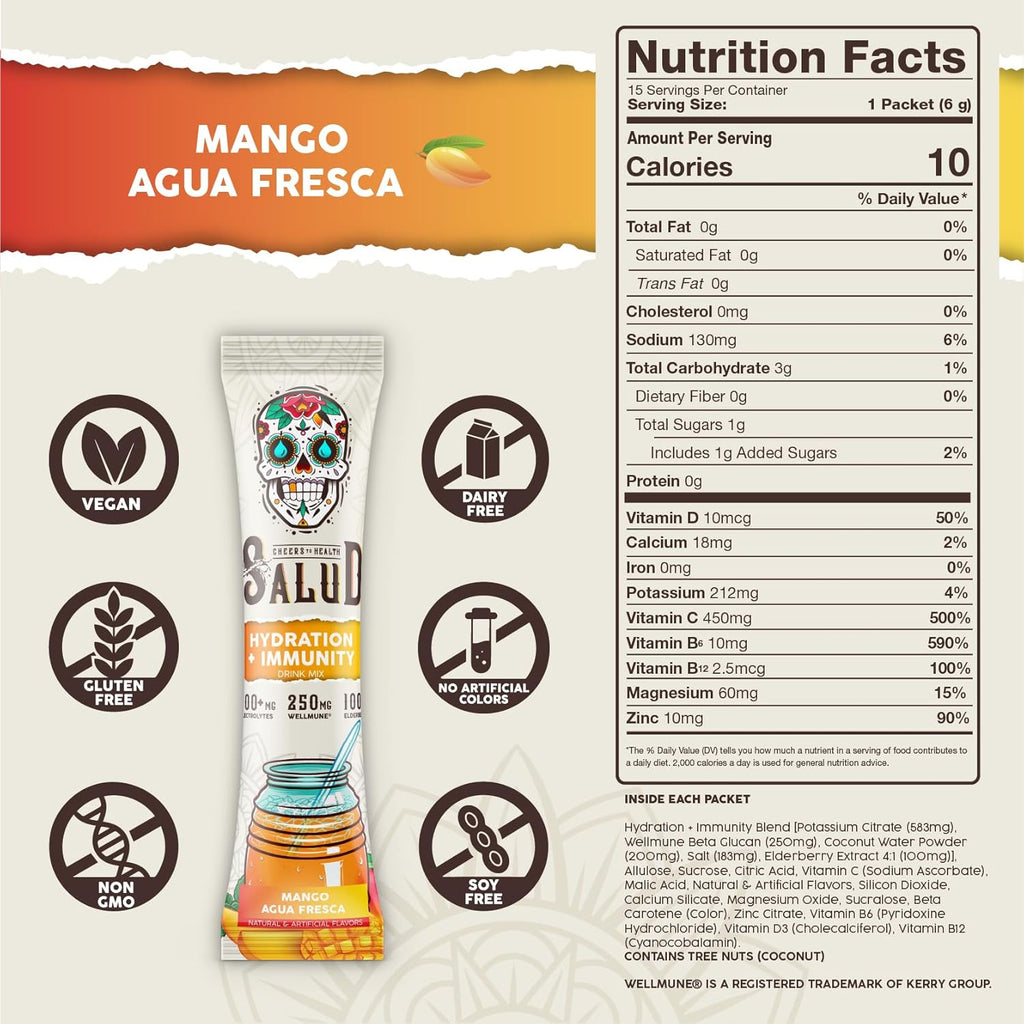 Salud 2-in-1 Hydration Packets + Immunity Electrolytes Powder, Mango - Agua Fresca Drink Mix, Elderberry, Dairy & Soy Free, Non-GMO, Gluten Free, Vegan, Low Calorie, 1g Sugar (15 Servings)