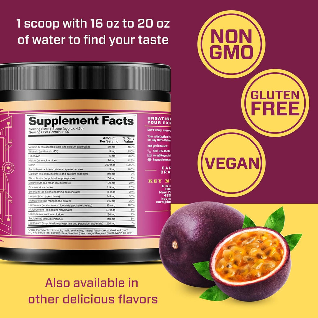KEY NUTRIENTS Multivitamin Electrolytes Powder No Sugar - Delicious Passion Fruit Electrolyte Powder - Endurance & Energy Supplement - Hydration Powder - No Calories - 90 Servings - Made in USA