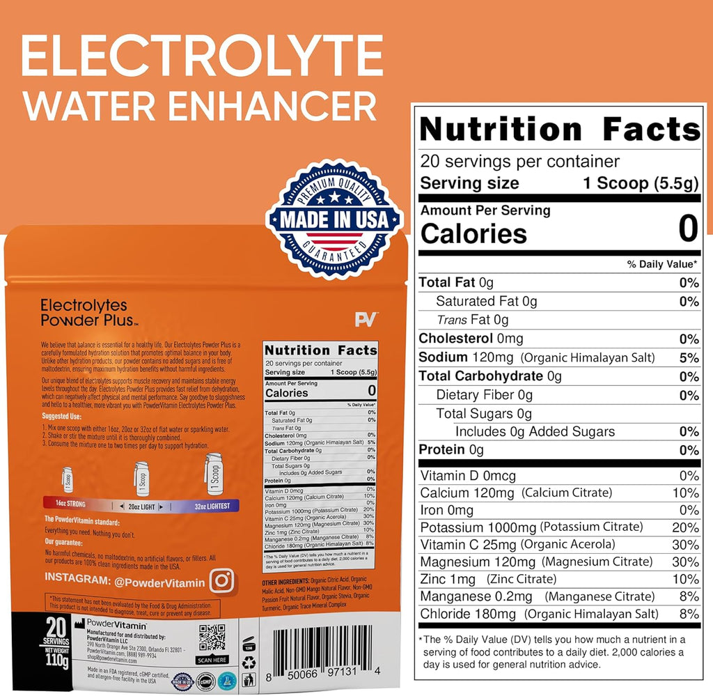 PowderVitamin Electrolytes Powder Plus (20 Servings) Mango Passionfruit Electrolyte Powder Zero Calorie Keto,0 Sugar,No Maltodextrin,1000mg Potassium,120mg Calcium,120mg Magnesium, Pink Himalayan Salt