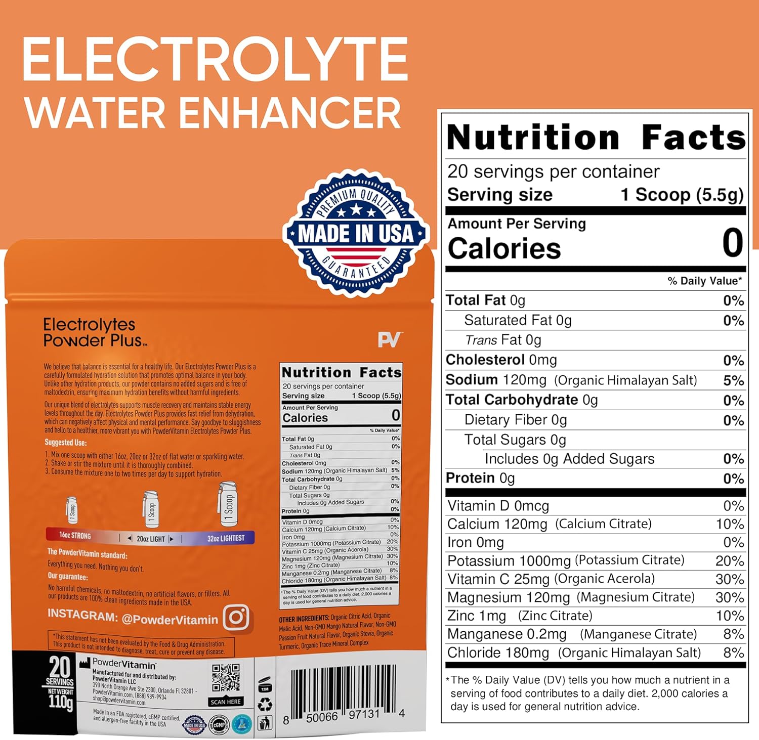 PowderVitamin Electrolytes Powder Plus (20 Servings) Mango Passionfruit Electrolyte Powder Zero Calorie Keto,0 Sugar,No Maltodextrin,1000mg Potassium,120mg Calcium,120mg Magnesium, Pink Himalayan Salt