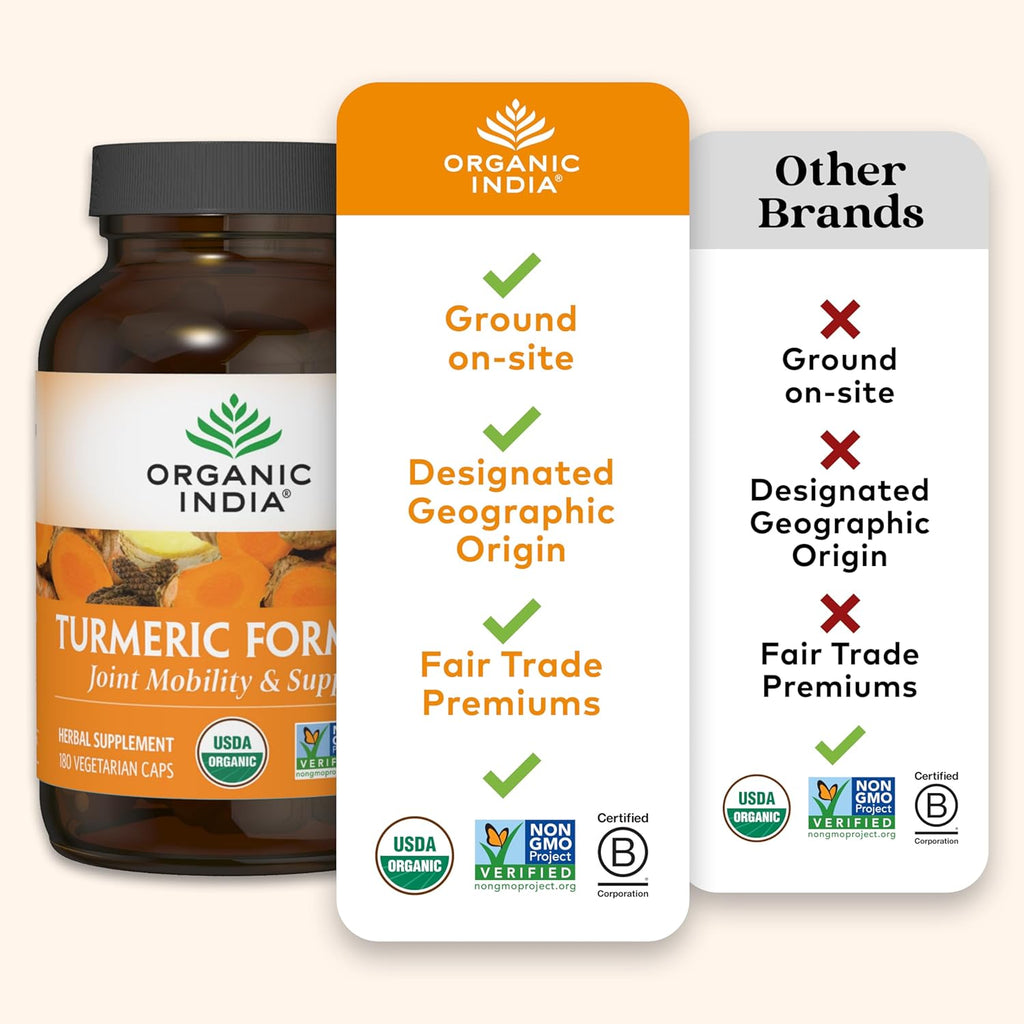 ORGANIC INDIA Turmeric Curcumin Herbal Supplement - Joint Mobility & Immune Support, Healthy Inflammatory Response, Whole Root Supplement, Trikatu, USDA Certified Organic, Non-GMO - 180 Capsules