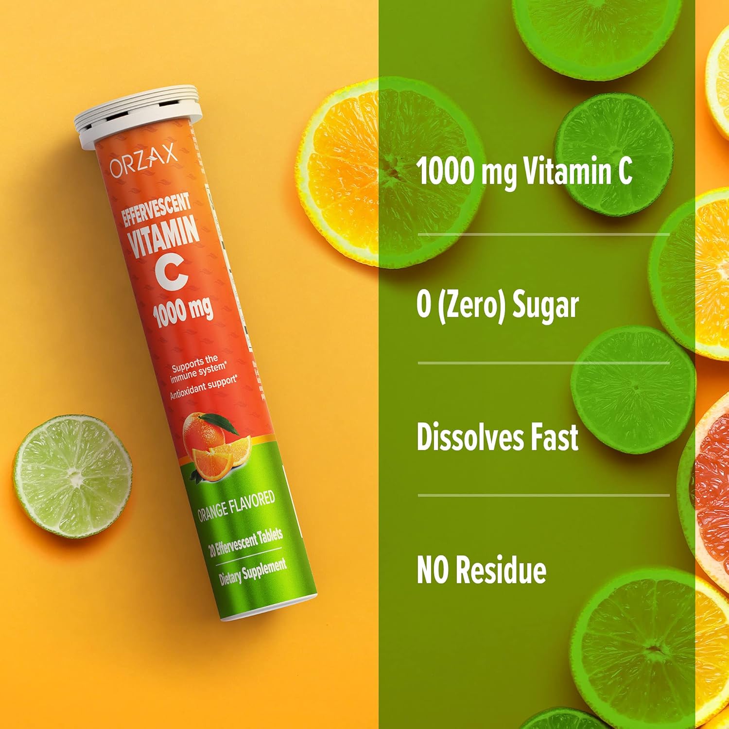 ORZAX Vitamin C 1000 mg Effervescent Tablets | Sugar Free, Gluten Free, GMO Free | Dissolvable Vitamin C Supplement for Immune Support & Antioxidant Support | Orange Flavored (1000mg - 20 Tablets)