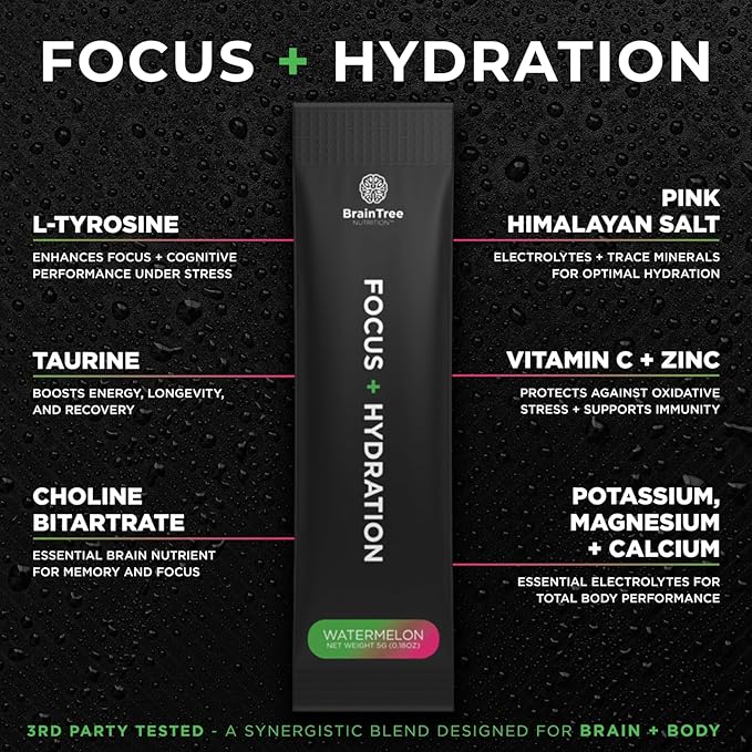 BrainTree Nutrition - Focus + Hydration - Electrolyte Drink Mix - Total Body Hydration - Supports Cognitive Function, Energy & Muscle Recovery - Sugar Free - Watermelon - 30 Stick Packs