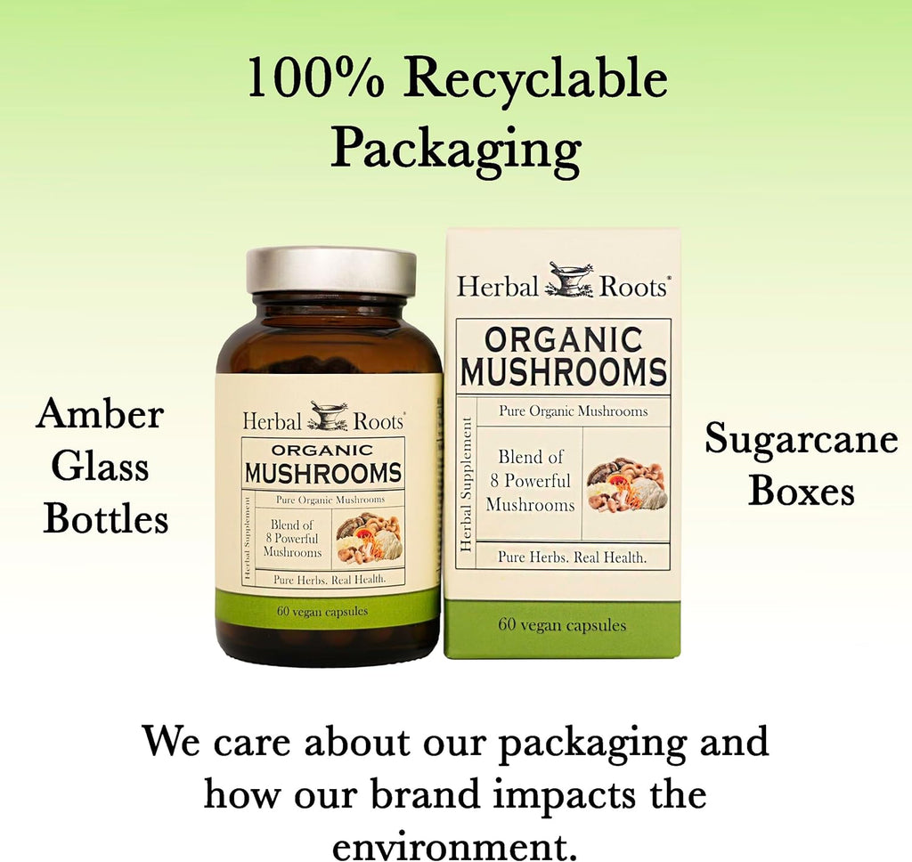 Herbal Roots Organic 8 Mushroom Blend Supplement Capsules - 100% Fruiting Body Extracts - Wellness and Immunity - 60 Vegan Capsules