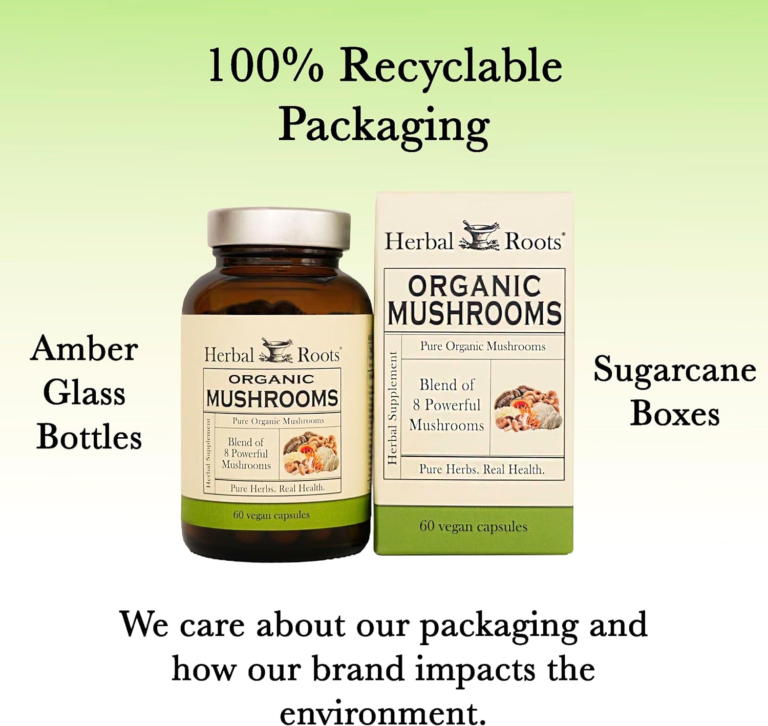 Herbal Roots Organic 8 Mushroom Blend Supplement Capsules - 100% Fruiting Body Extracts - Wellness and Immunity - 60 Vegan Capsules