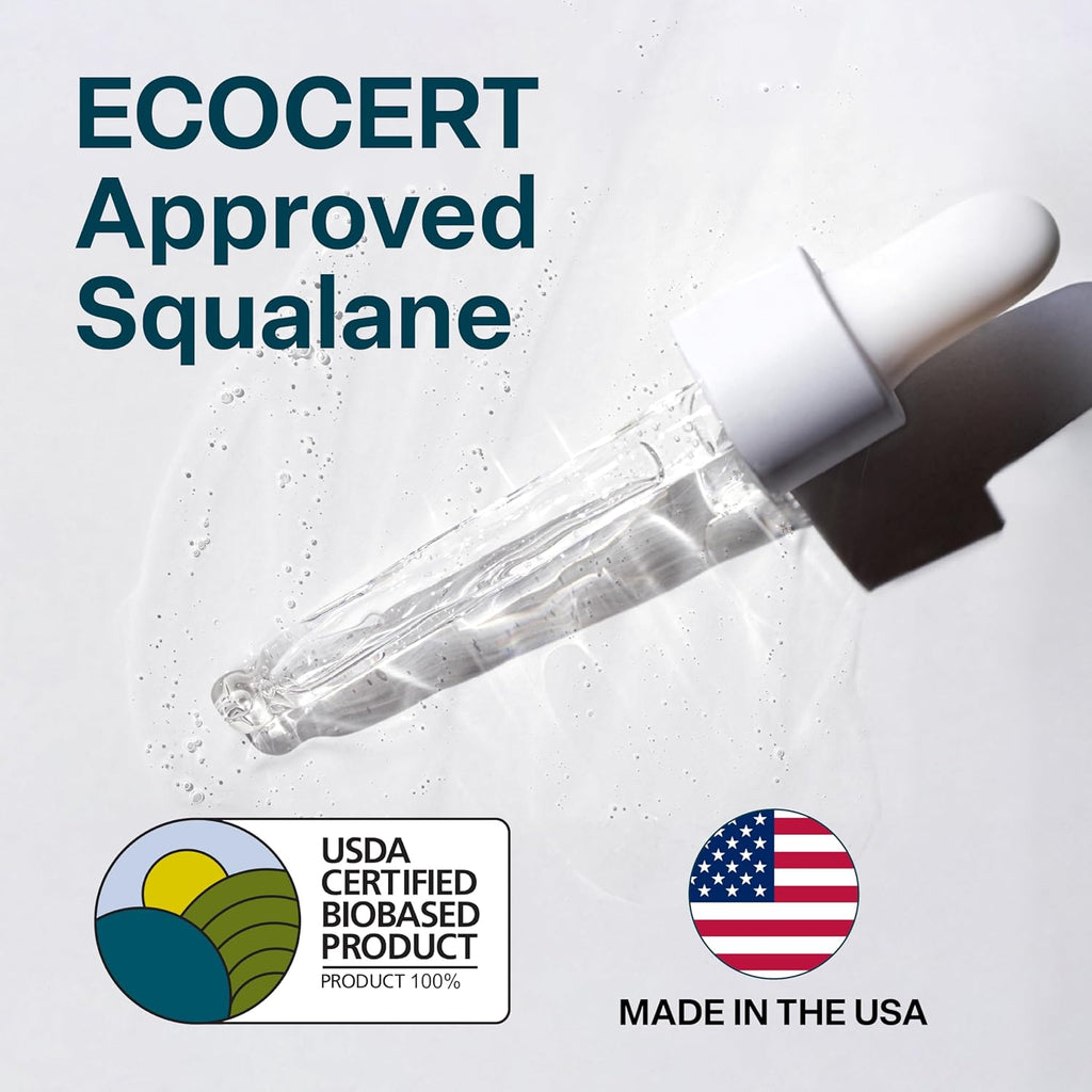 QRxLabs Pure Organic Squalane Oil & Vitamin E Oil for Face & Skin - 2 Fl Oz - USDA & ECOCERT Certified Organic Sugarcane - Hydrating Facial, Body & Hair Formula - Reduces Fine Lines & Wrinkles