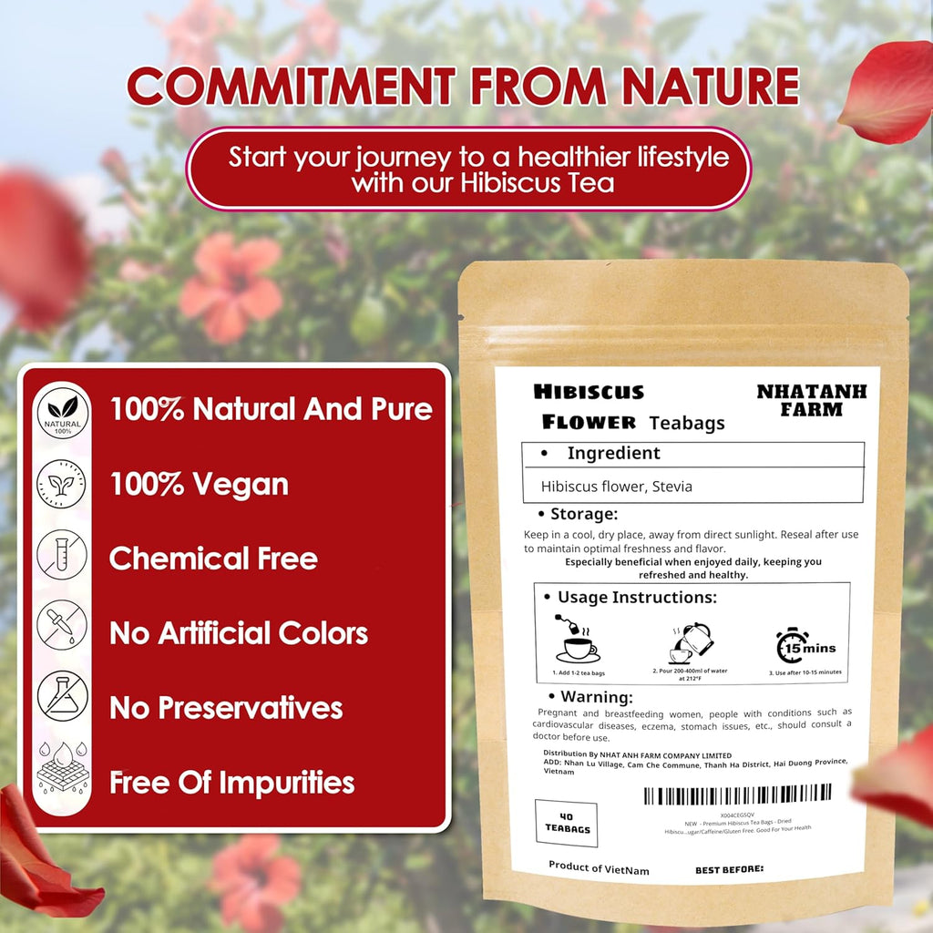 Premium Hibiscus Tea Bags - Dried Hibiscus Flower Tea Bags - 40 Teabags, 2.5g/bag), 100% Natural & Pure Hibiscus Flowers, Sugar/Caffeine/Gluten Free. Good For Your Health