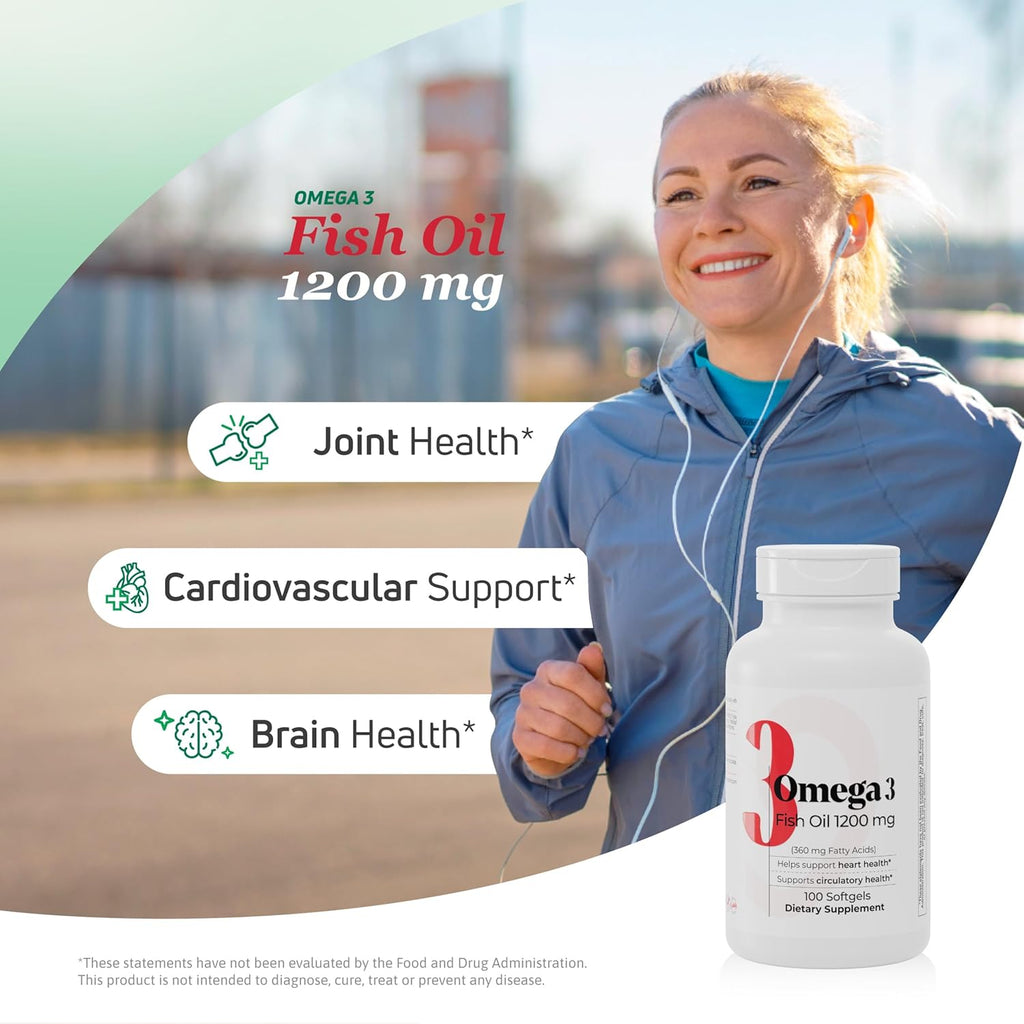 Fish Oil 1200 mg – 360 mg Omega-3 Fatty Acids – Supports Heart Health, Circulatory Health, and Cognitive Function – Non-GMO, Gluten-Free Fish Oil Supplement for Women and Men