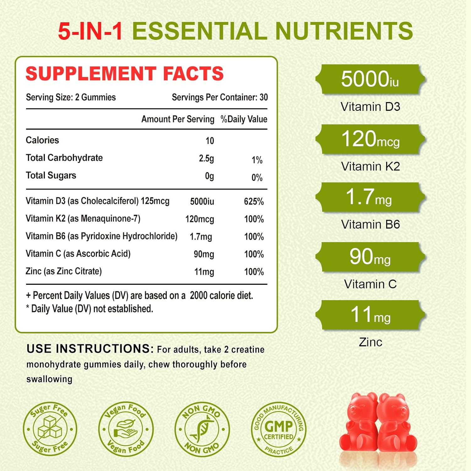 Vitamin D3 K2 Gummies for Adults, Vitamin D3 5000 IU & K2 (MK7) 120mcg, Sugar-Free D3 K2 Supplements with Vitamin B6, C & Zinc, Support Bone, Teeth, Muscle & Immunity, 120 Count
