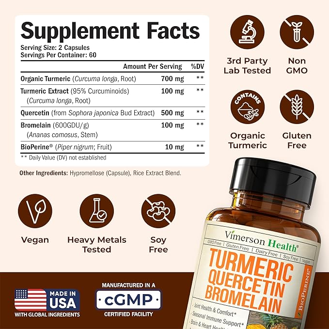 Quercetin with Bromelain Turmeric Curcumin Supplement – Allergy Relief, Immune & Joint Support – Organic Turmeric Supplement w/Bioperine for Enhanced Absorption, 120 Quercetin 500mg Capsules