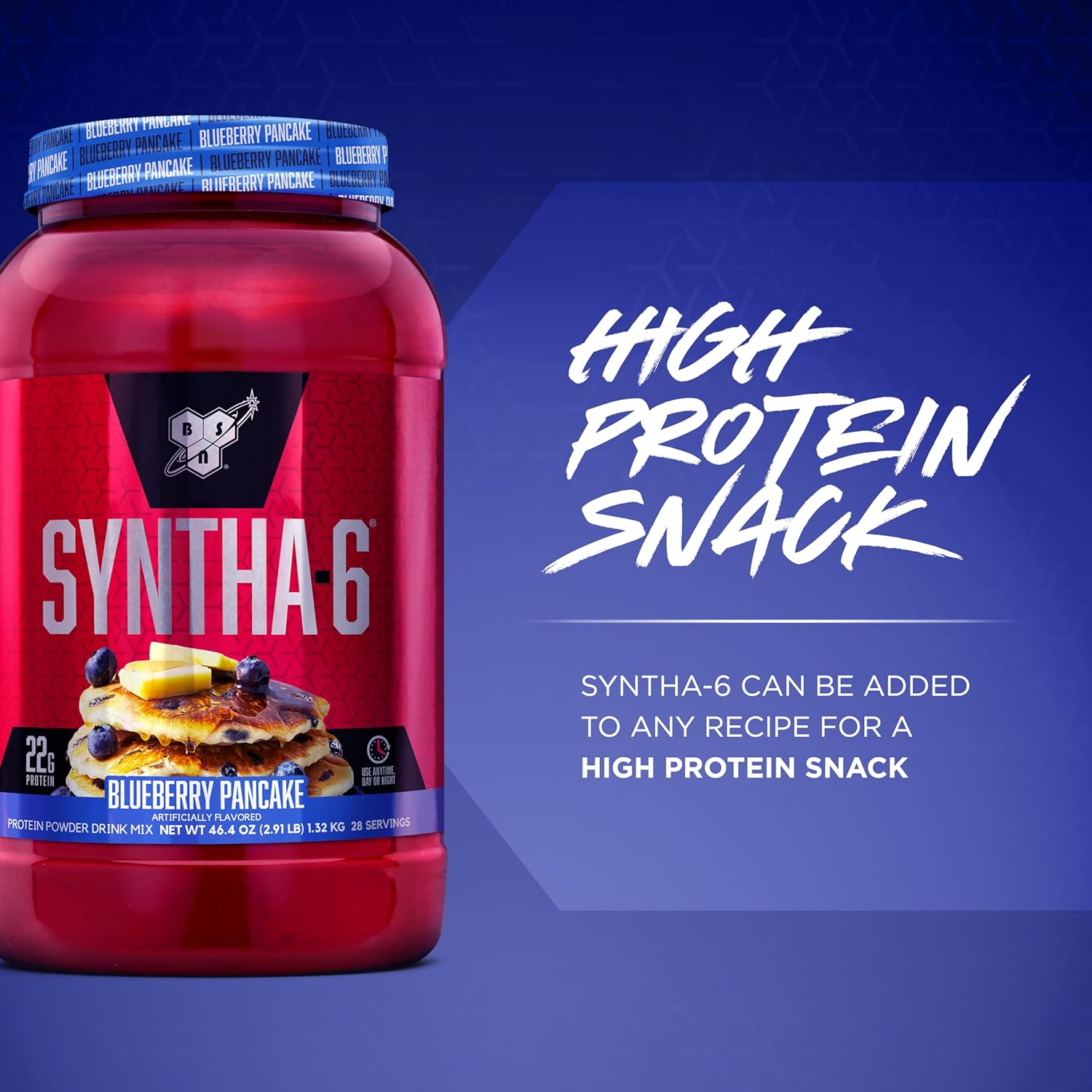 BSN SYNTHA-6 Premium Protein Powder with 6g of Fiber, Whey Protein, Micellar Casein, Milk Protein Isolate Blend, 5g Fat, Blueberry Pancake, 28 Servings (Packaging May Vary)