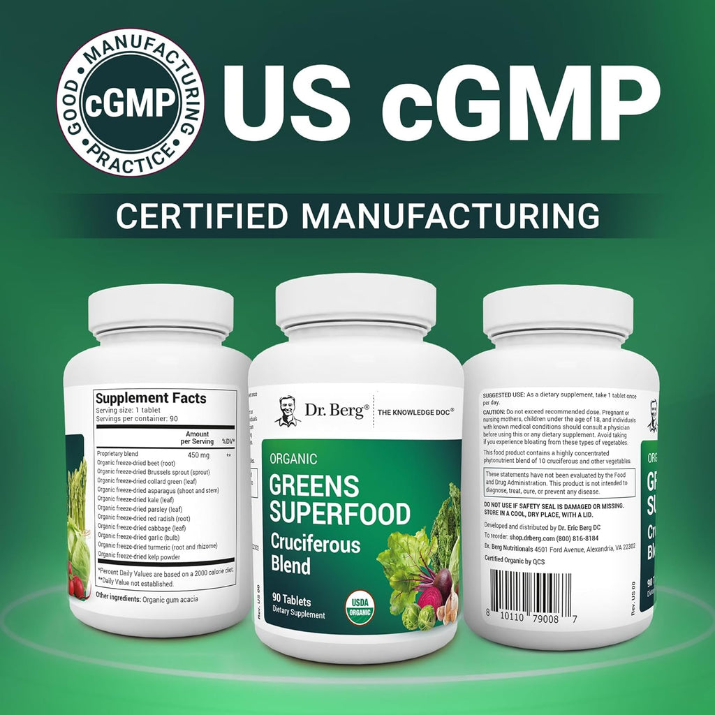 Dr. Berg's Greens Superfood Cruciferous Vegetable Tablets - Vegetable Supplements for Adults w/ 11 Phytonutrient Super Greens - Energy, Immune System & Liver Veggie Tablets - 90 Tablet