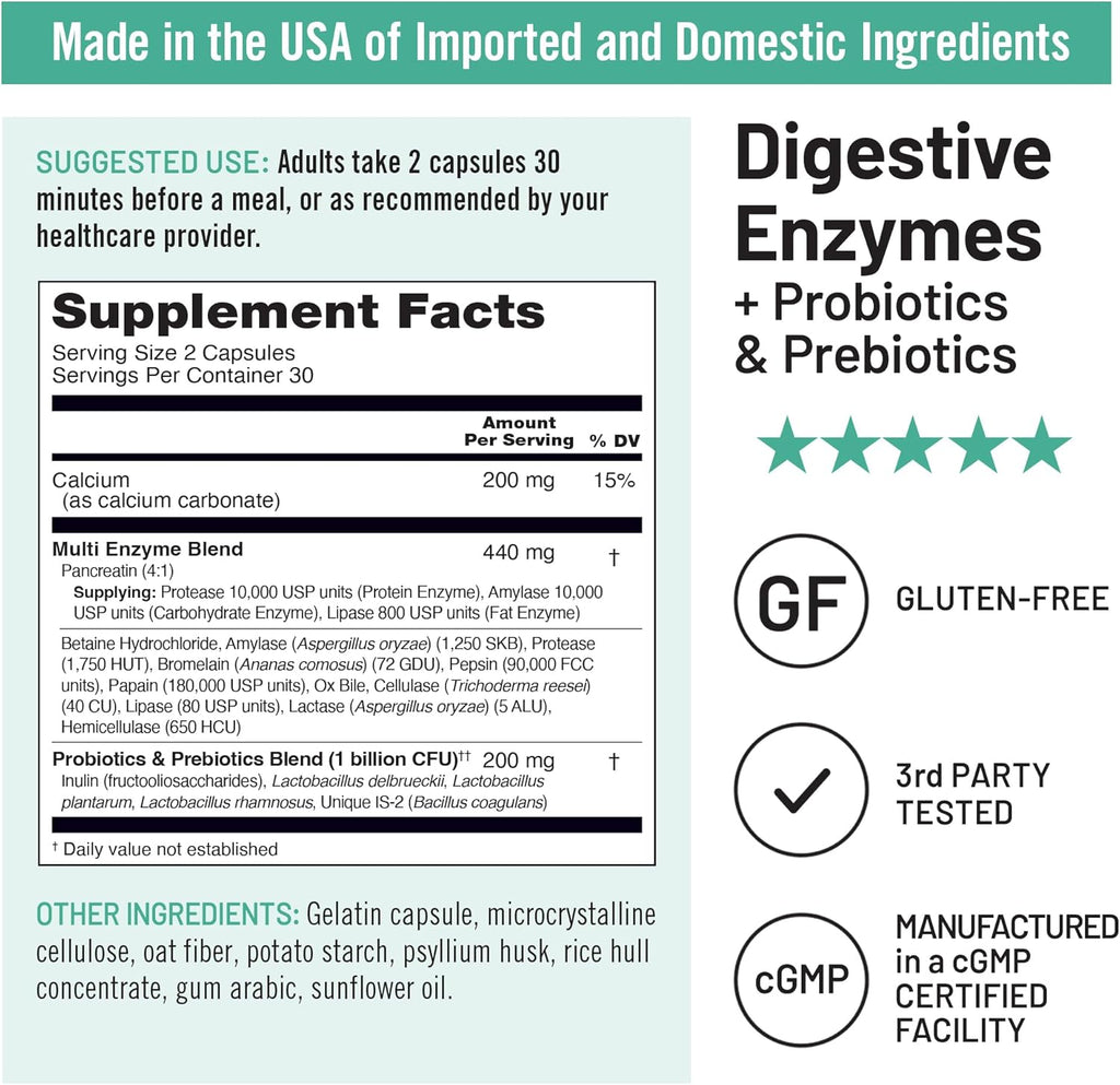 NatureWise Digestive Enzymes - Multi Enzymes with Probiotics + Prebiotics - Post Mealtime Comfort & Bloating Support + Aids Digestion and Gut Health - Soy-Free, Non-GMO - 60 Capsules[1-Month Supply]