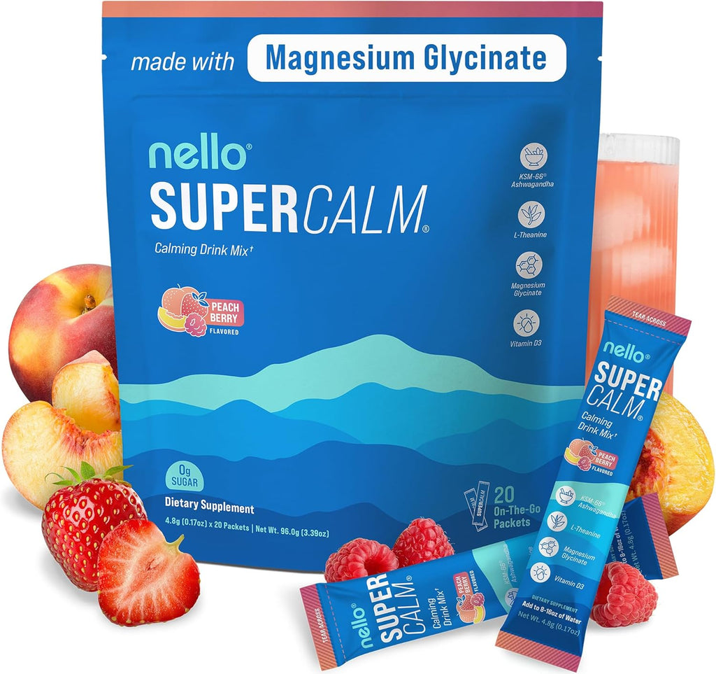 Supercalm Drink Mix - Ashwagandha KSM 66, Magnesium Glycinate & L-Theanine Supplement - Ashwagandha Root Extract - Focus and Relaxation Support (20 Travel Packets) - Peach Berry