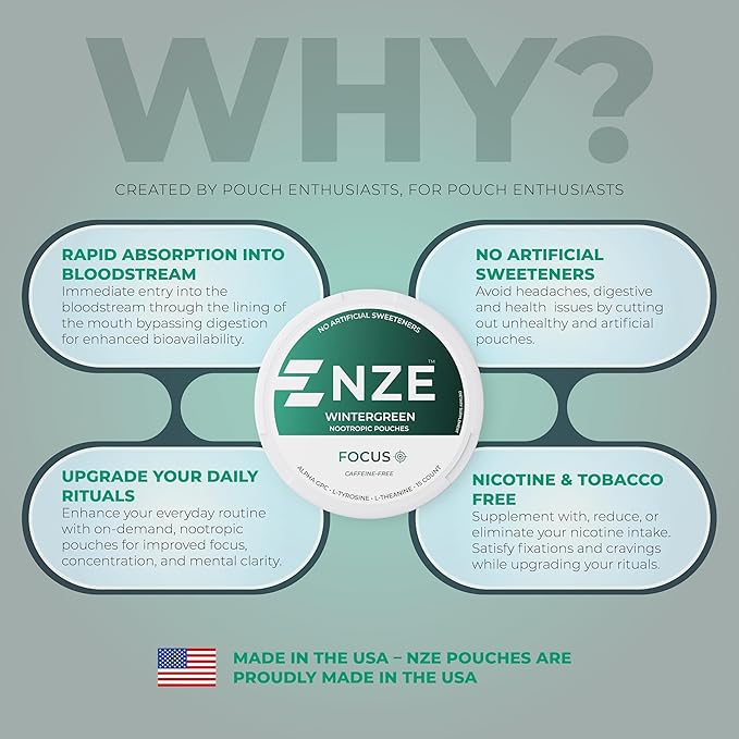 NZE Caffeine Free Nootropic Pouches (Wintergreen) - Nootropic Pouches with Alpha GPC, L-Tyrosine & L-Theanine - No Sugar or Artificial Sweeteners - 15 Pouches Per Can - 5 Pack