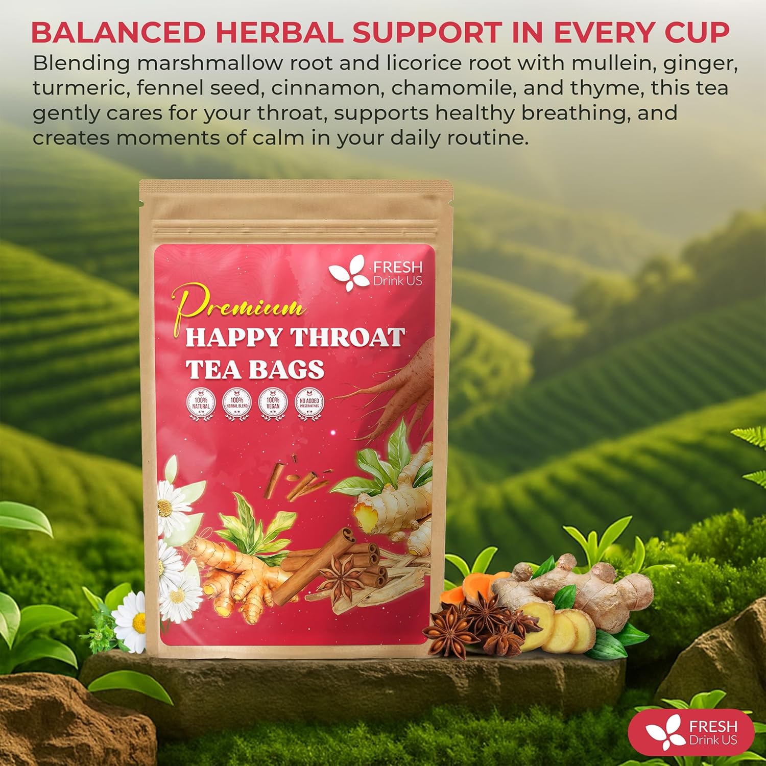 Premium Happy Throat Herbal Tea – 75 Bags Of Supper Tea Blend: Marshmallow Root, Slippery Elm & Ginger – Dry & Sore Throat Relief – Caffeine-Free, No Honey, No Citrus – No Sugar