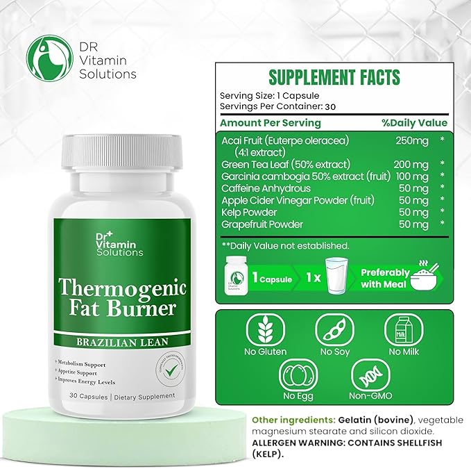 Thermogenic Fat Burner Brazilian Lean Weight Loss Vitamins, Dr Vitamin Waist Trimmer & Supplements for Bloating (1 Bottle, 30 Capsules)